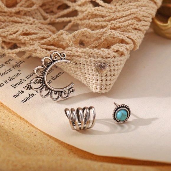 Boho Earrings Faux Turquoise Silver Love 4PC Retro - Picture 4 of 6